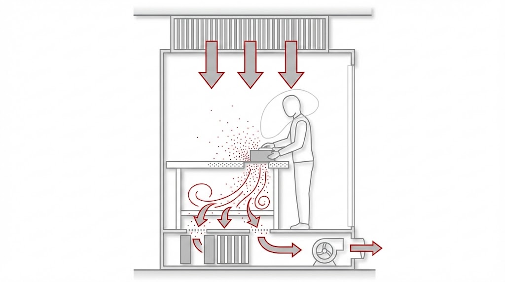 Aşağı akışlı hava akışı ve toz yakalama diyagramı