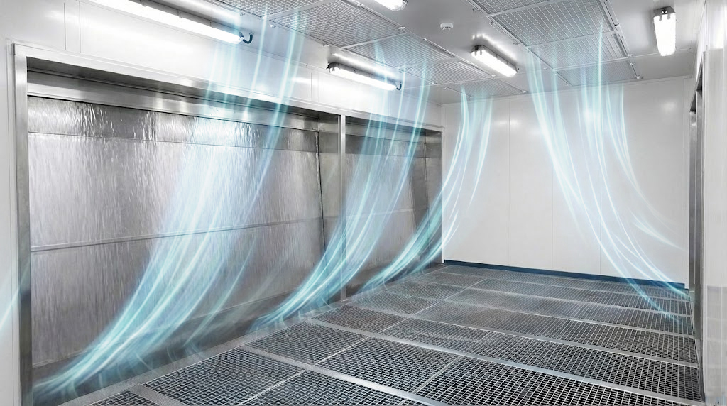 Su perdesi yakalama gösteren su perdeli yas boya kabini iç görünümü